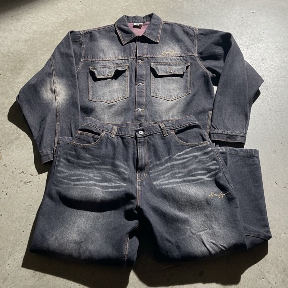 Vintage Y2K Sean‎ John Brown Denim Jacket 3XL Jeans Set Mens 38 Baggy Hip Hop